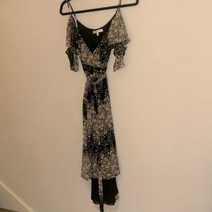 Wayf fluttery cold shoulder midi wrap dress, neutral floral